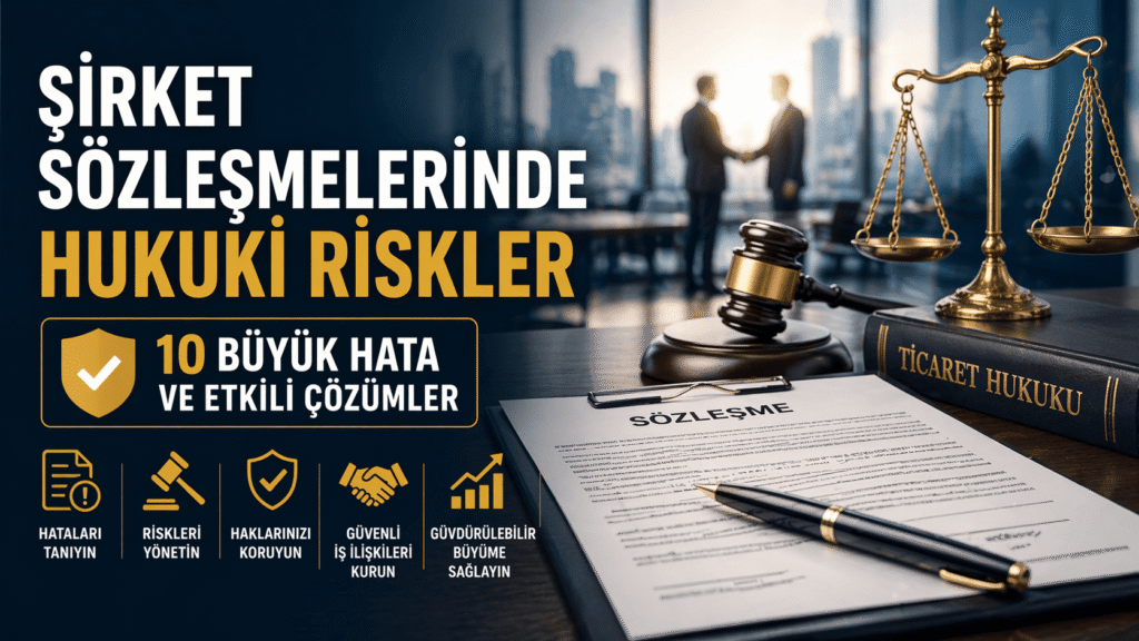 Şirket Sözleşmelerinde Hukuki Riskler Nasıl Ortaya Çıkar? Şirket sözleşmelerinde hukuki riskleri temsil eden profesyonel hukuk sahnesi
